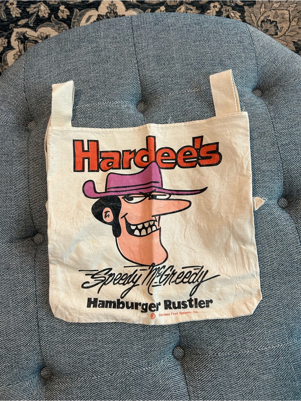 Vintage 1970s Hardees Speedy McGreedy Hamburger Rustler Canvas Backpack Bag